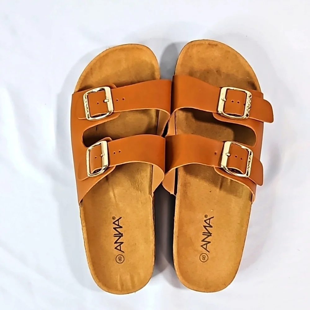 Anna Glory Brown Double Buckle Slide Women's Sandals Size 8